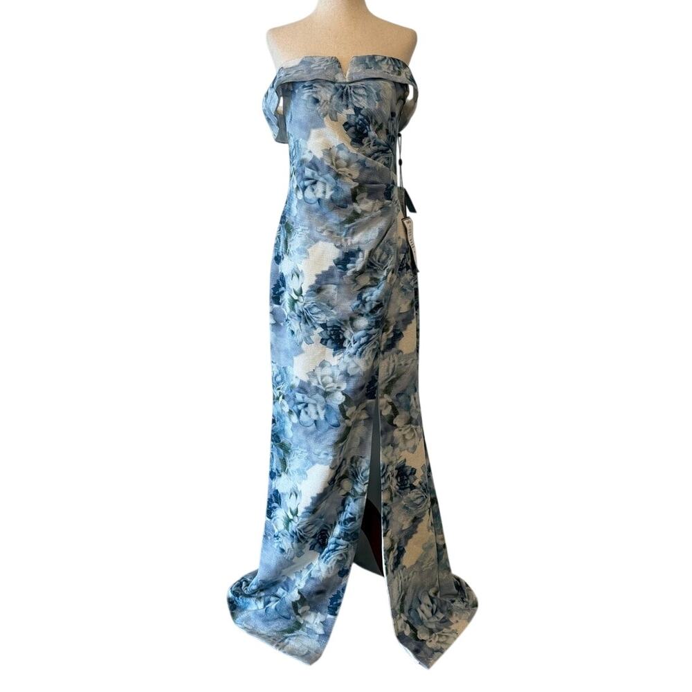 NWT Adrianna Papell Floral Metallic Gown, Blue White, Women's Size 8